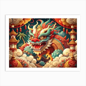 Mythical Dragon Emerging From Clouds With Lanterns Art Print