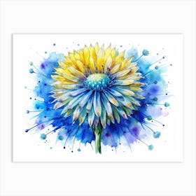 Watercolor Painting Of A Yellow Flower On A Blue Background Art Print