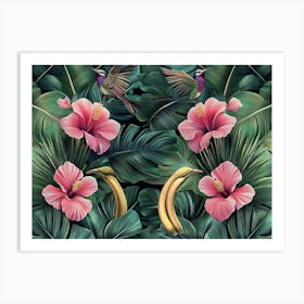 Tropical Background With Exotic Flowers, Birds, Banana Leaves, Palm, Protea, Hibiscus, Hummingbirds 2 Art Print