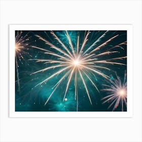 An Image Of A Firework Exploding With Golden Light Against A Dark Blue Sky With A Hint Of Teal Art Print