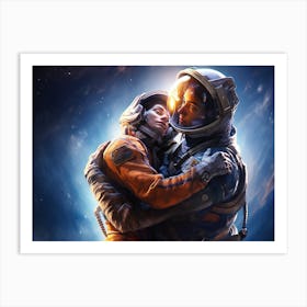 astronaut couple in a weightless embrace Art Print