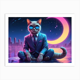 A Stylish Cat Wearing A Suit And Sunglasses Sits In A Meditative Pose On The Surface Of Water Art Print