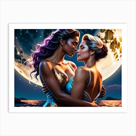 Two Women Hugging In Front Of The Moon Art Print