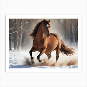 A Powerful Chestnut Horse With A Flowing Mane Gallops Through The Snow Art Print