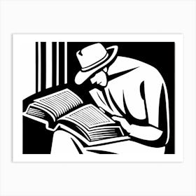 Lion cut inspired Black and white Stylized portrait of a Person reading a book, reading art, book worm, Reader 182 Art Print