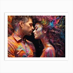 Couple Kissing With Colorful Paint.Psychedelic Prism: The Colorful Dance of a Couple. Psychedelic Love Mirage: The Surreal Couple. Art Print