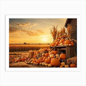 A Vintage Style Autumn Harvest Composition Showcasing Piles Of Pumpkins And Corn Cobs Scattered In (7) Art Print