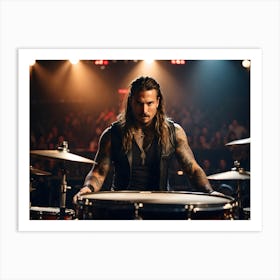 Rock music drummer performing on stage Art Print