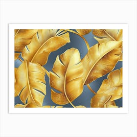 Golden Seamless Pattern with Shiny Banana Leaves Palm Tropical Exotic Vintage Hand Drawn 3d Art Print