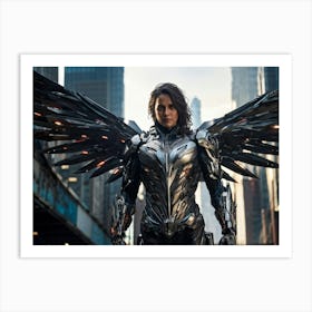 Futuristic Superhero With Steel Wings Features A Human Face Revealing Battle Scars Poses Amidst Dy Art Print