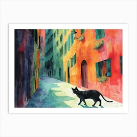 Black Cat In Milano, Italy, Street Art Watercolour Painting 4 Art Print