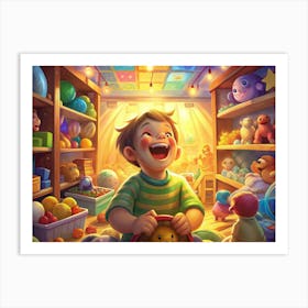 Joyful Boy Playing With Toys In A Brightly Lit Room Art Print