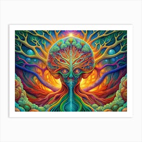 Psychedelic Tree With Colorful Branches And Orb Art Print