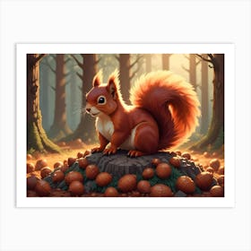 Red Squirrel Sitting On A Log Surrounded By Acorns In A Forest 3 Art Print