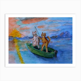 Cats Have Fun Cats Fishing On A Boat At Sunset Art Print