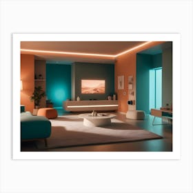 Modern Living Room Interior With Teal And Orange Walls, A Comfortable Sofa, And A Large Tv Screen Art Print