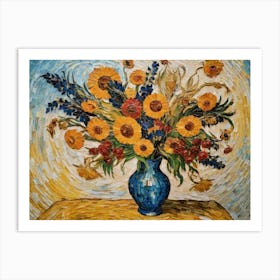 Painting Of Vase With Yellow And Blue Flowers Art Print