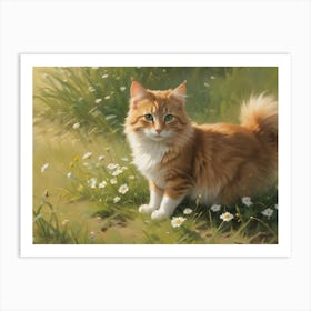 A Painting Of A Ginger Cat Sitting In A Field Of Wildflowers, Art Print