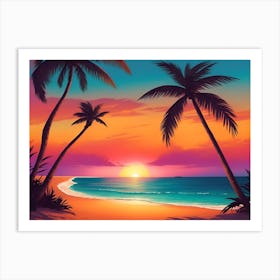 A Tranquil Beach At Sunset Horizontal Illustration 32 Art Print