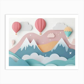 Hand Drawn Childish Art with Mountains, Balloons and Clouds 3 Art Print