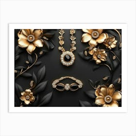 3d Golden Jewelry and Flowers in Black Art Print