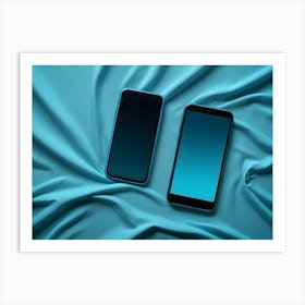 Two Smartphones On A Blue Fabric Background Art Print