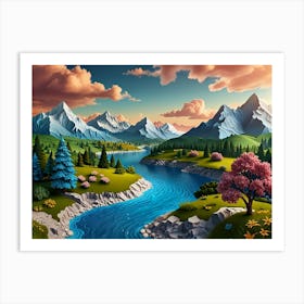 Landscape With Mountains And River Art Print