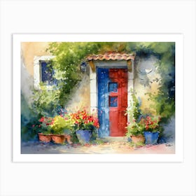 Watercolor Painting Of A Red And Blue Door Surrounded Door V2 Art Print