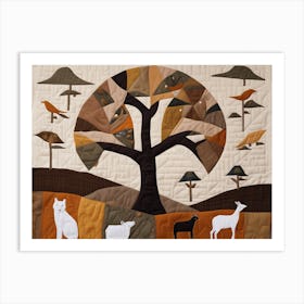 'Animals Under Tree' American Quilting Inspired Folk Art, 1397 Art Print