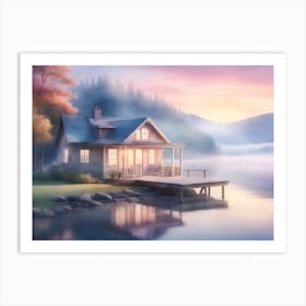 Cabin by Lake Painting Art Print