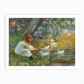 Playmates 1901 by Dorothea Sharp (Little Girl Feeding the Ducks) An impressionist style oil painting depicting two girls feeding ducks by a sunlit lake. Known for her vibrant use of color and light, Sharp captures a carefree, nostalgic moment. First shown at the Royal Academy, the original is now in a private collection. Art Print