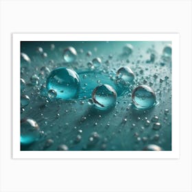 Close Up Of Crystal Clear Turquoise Water Droplets On A Teal Surface, Creating A Refreshing And Abstract Pattern With Reflections And Refractions Of Light Art Print