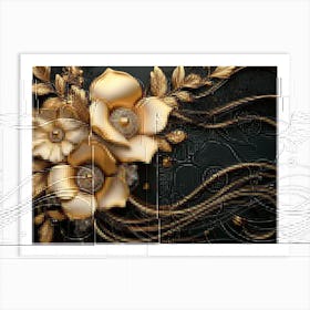 3d Background With Golden Jewelry And Flowers In Black 1 Art Print