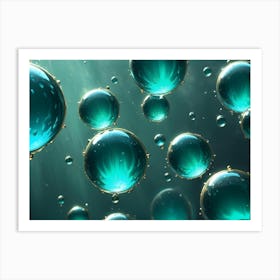 3d Render Of Teal And Gold Bubbles Floating Against A Dark Background With Beams Of Light, Resembling Underwater Magic Art Print