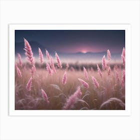 Soft Pink Grass Swaying Gently In The Wind Against A Background Of A Soft Pink Sunset And Mountains Art Print