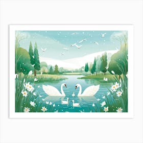 Illustration Of A Tranquil Park Scene In Winter Featuring Cygnets On A Siberian Mere Where Two Chil (1) Art Print