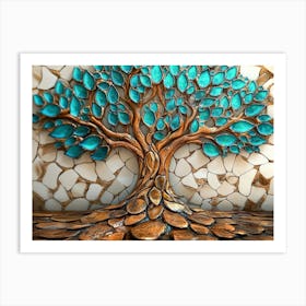 Fantasy Themed 3d On Wooden Oak With White Lattice Tiles, Tree With Kaleidoscopic Leaves Art Print