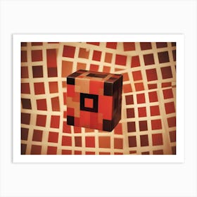 A Red And Black Box With A Pixelated Design, Floating In Front Of A Grid Of Red Squares Art Print