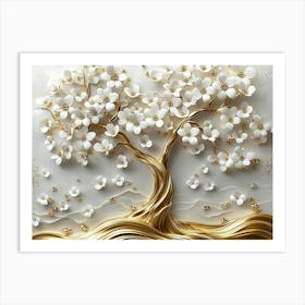 3d Golden Tree with White Flowers 2 Art Print