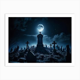 A Haunting View Of A Tomb Silhouetted Against The Night Sky A Gravestone With The Cross Engraved W (6) Art Print