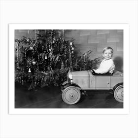 Boy With Toy Car, Christmas, Vintage Black and White Old Photo Art Print