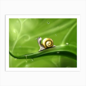 Snail On A Leaf Snail Drops Rain Drawing Green Art Print