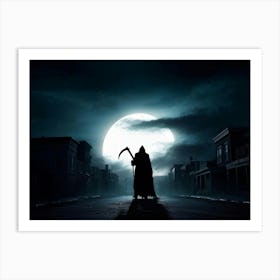 Silhouette Of A Sinister Reaper Scythe Raised Standing Against A Backdrop Of A Full Moon On Hallow (1) Art Print