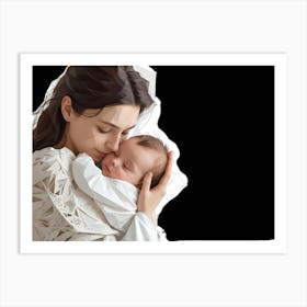 A Mother Cradling Her Sleeping Baby In Her Arms, Isolated On A Black Background Art Print