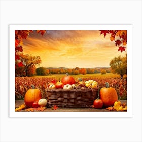 Autumnal Farm Landscape Pumpkins And Cornstalks Surround A Rustic Wooden Basket Filled With Apples (3) Art Print