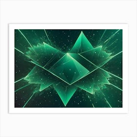 Abstract Image Of A Glowing Green Geometric Shape, Resembling A Pyramid Or A Crystal, Set Against A Dark Background With A Starry Sky Art Print