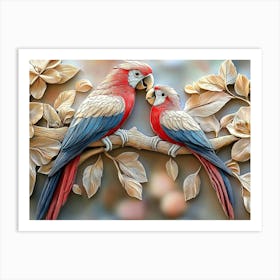 Beautiful 3d Parrots on a Branch Art Print