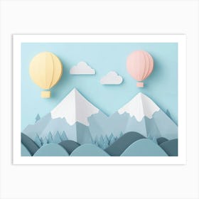 Hand Drawn Childish Art With Mountains, Balloons And Clouds Painting 1 Art Print