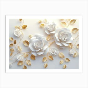 3d White Roses on A White Background, Golden Leaves, Elegant Floral Pattern Art Print