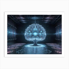 A Futuristic Tree With A Glowing Brain At Its Core In A Dark Room Art Print